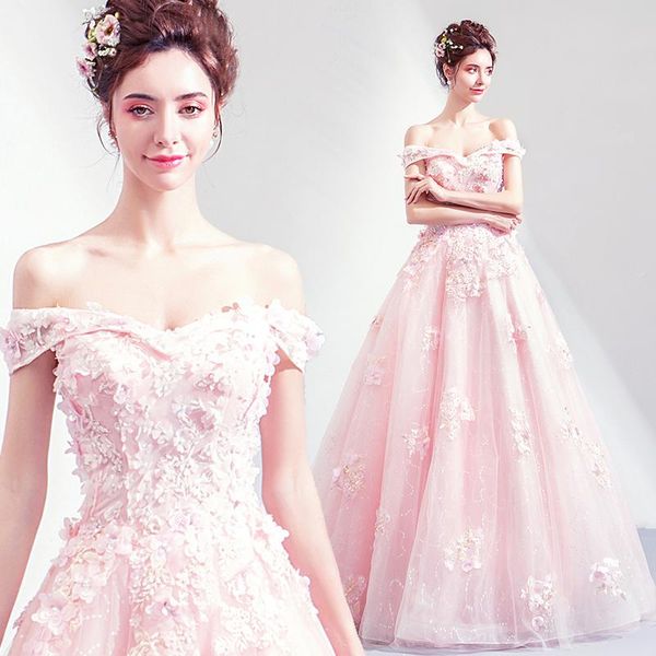 

party dresses 2021 fashion pink a-line short sleeve tulle lace flowers beaded luxury evening bride banquet prom dress nd20, White;black