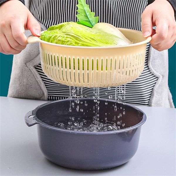 

storage baskets 1pcs detachable double-layer plastic food strainer hollow fruit vegetable wash colander kitchen cleaning washing basket