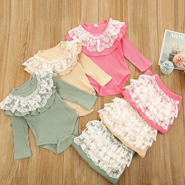 

clothing sets girl's two piece set baby lace crew neck long sleeve romper thread stripe pants for children kids outfits, White