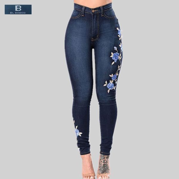 

[el barco] cotton floral embroidery casual jeans female high waisted soft blue skinny pencil pants women denim trousers size 3xl women'