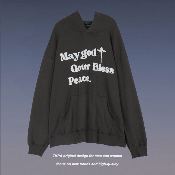 

tkpa high street kanyeins foam letter printing over size loose men's and women's hooded sweater fashion, Black