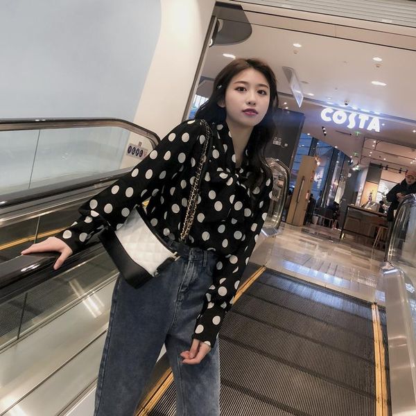 

women's blouses & shirts polka dot women streetwear elegant chiffon vintage cute baggy long sleeve dames blouse clothes de50cs, White