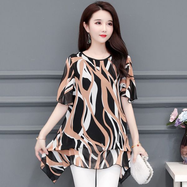 

long o neck blusas loose plus size printed summer mother middle-aged women's blouse chiffon short-sleeved women 88c 210420, White
