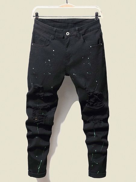 

men splash ink ripped frayed tapered jeans u3j1#, Blue