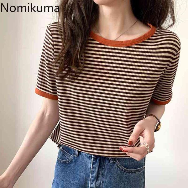 

nomikuma summer new korean hit color striped tshirt casual o-neck short sleeve women tee chic basic graphic t shirts 210427, White