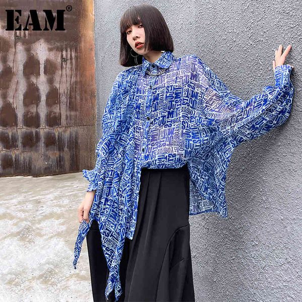 

[eam] women blue printing irregular ruffles blouse lapel long sleeve loose fit shirt fashion spring summer 1dd6555 210512, White