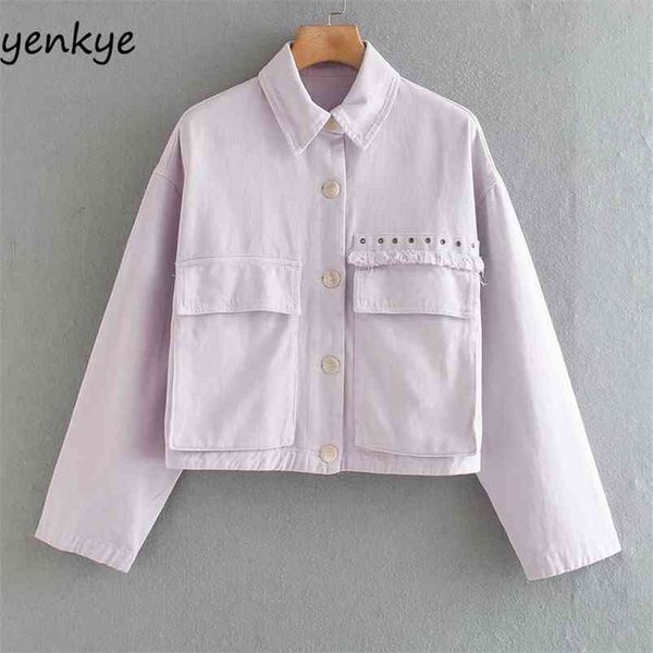 

vintage solid color cropped jacket women lapel collar long sleeve pockets short streetwear autumn outerwear plus size 210514, Black;brown