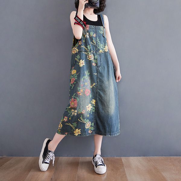 

casual dresses printed denim woman's dress from the vintage overalls dressed as a loose female pantsuit with no sleeves spaghetti strap, Black;gray
