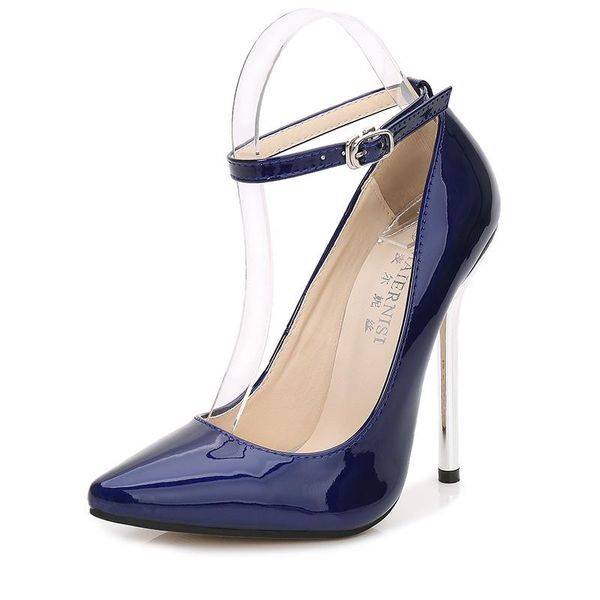 

dress shoes pumps women solid color metal heels shallow mouth super high-heels buckle strap female thin, Black