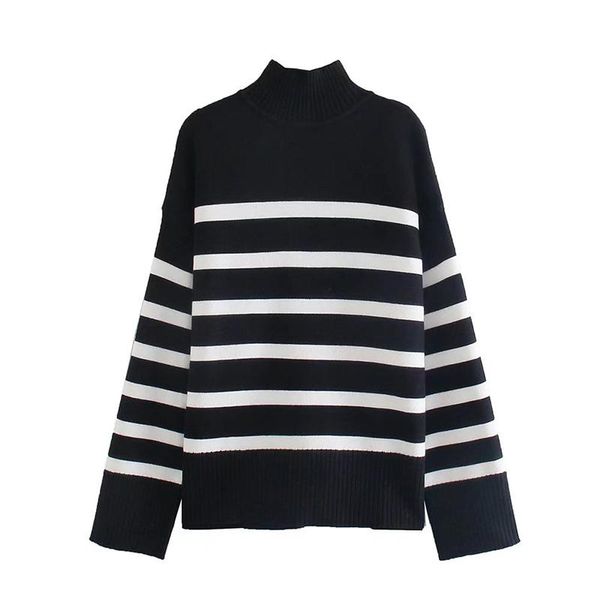 

women's sweaters yenkye women vintage oversize striped knit sweater mujer long sleeve turtleneck pullover winter jumpers, White;black