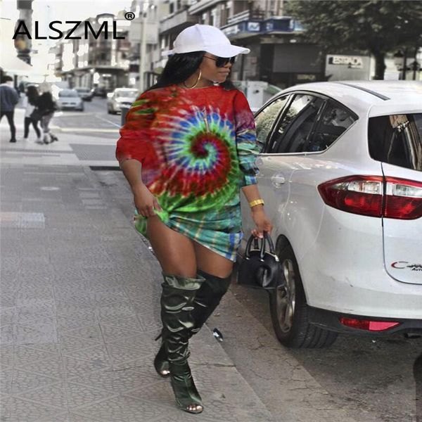 

tie-dye o neck long sleeve mini dress tight club party lady fashion sheath women young casual dresses, Black;gray