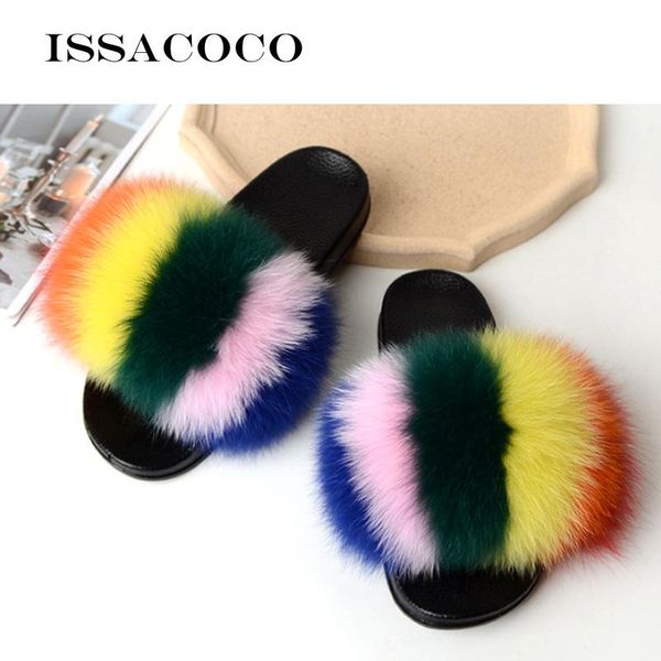 

slippers summer women real fur female flat fluffy lady's home casual sandals furry plush shoes, Black