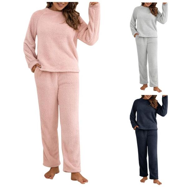 

women's two piece pants winter fashion warm pajamas set trousers of pure color plush sweater knitting *8#6, White