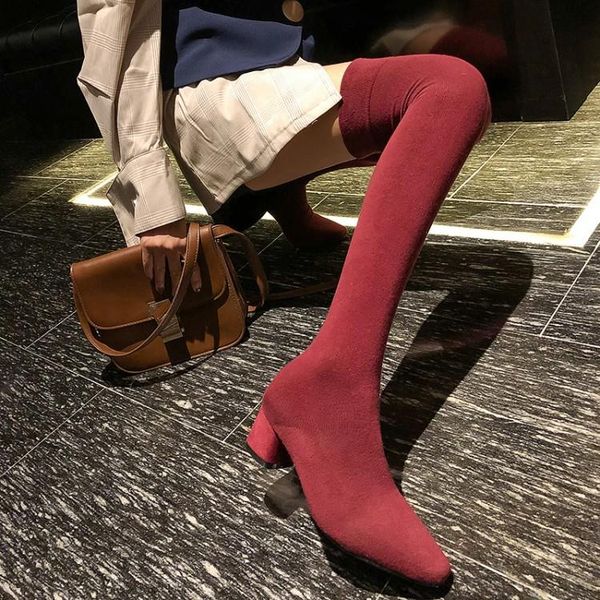 

boots pxelena stretch over the knee socks women 2021 autumn brand chunky block med heel slim knitting thigh high shoes, Black