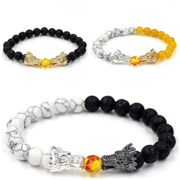 

beaded, strands natural black lava & white howlite stone beads bracelet pulseira masculina mens jewelry buddha dragon bead for women