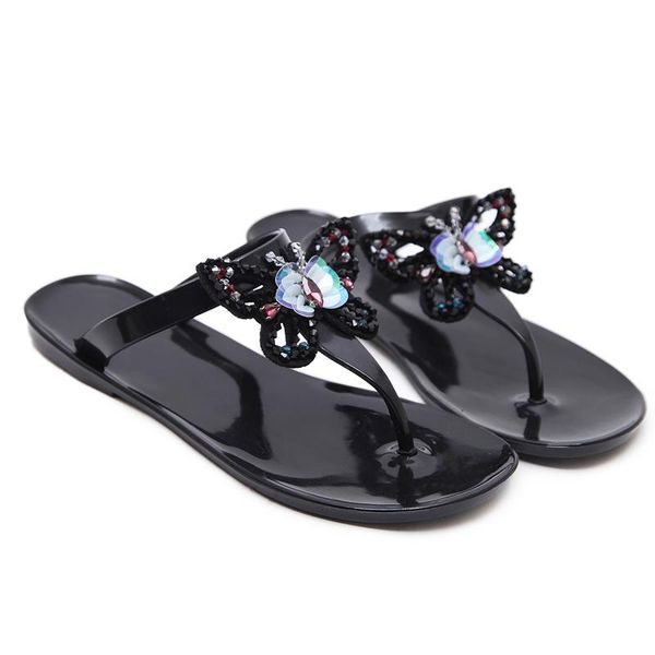 

sandals flat woman rhinestone butterfly bohemian shoes transparent beach flip flops summer jelly slipper sapatilha feminina, Black