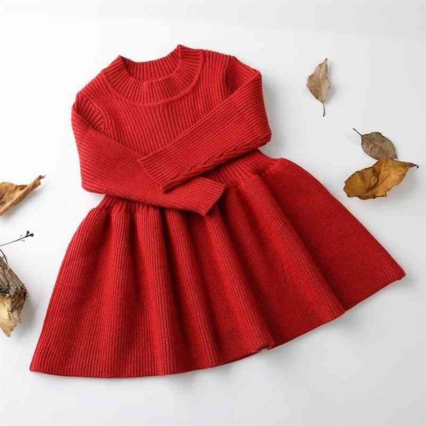 Розничная осень девочка платье сплошной цвет вязаный хлопок с длинным рукавом теплый свитер детская одежда 0-3 года FY001 210610