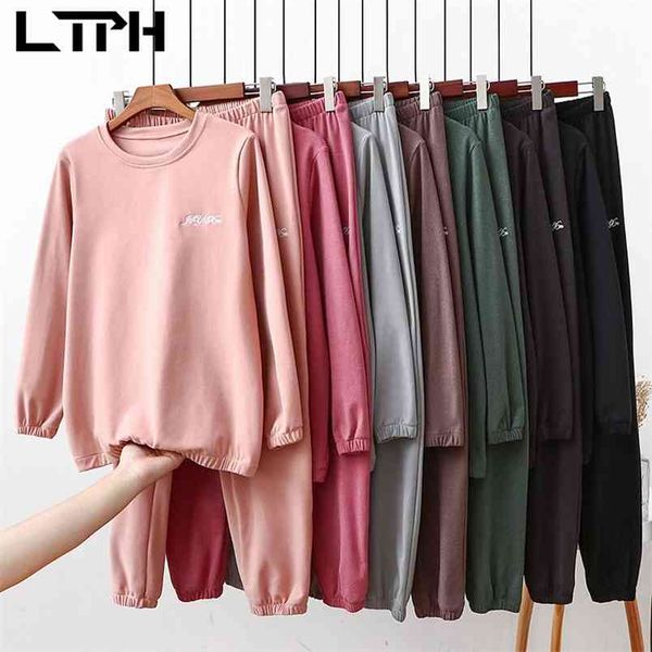 

ltph simple stayhome style plus size clothes 2 pieces set women outfits loose embroidered sweatshirts pants spring 210423, Black;gray