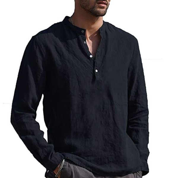 

fashion men summer casual shirt solid color stand collar long sleeve blouse black white beige blue men's shirts, White;black