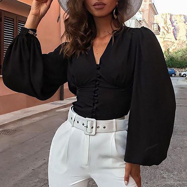 

women's blouses & shirts vintage women shirt v-neck black button lantern long sleeve slim autumn elegant lady office blusas, White