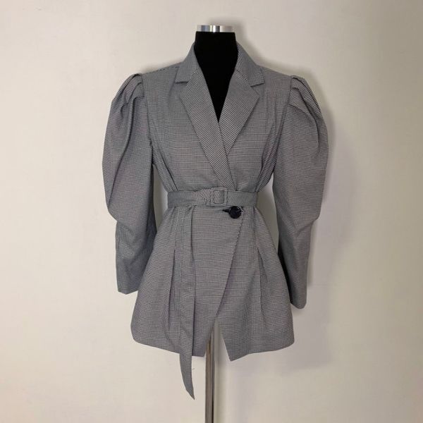 

women houndstooth notch collar puff long sleeve button loose sash plaid black blazer casual c0489 210514, White;black
