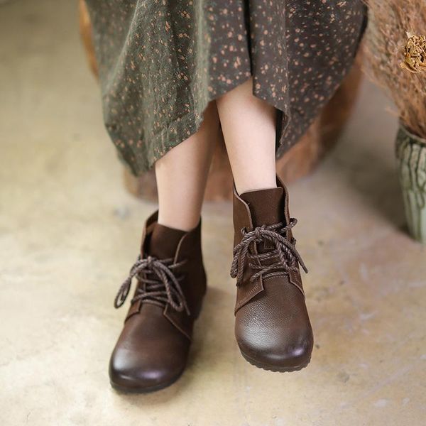 

boots leather lace up low heel high women's shoes casual short autumn style, Black