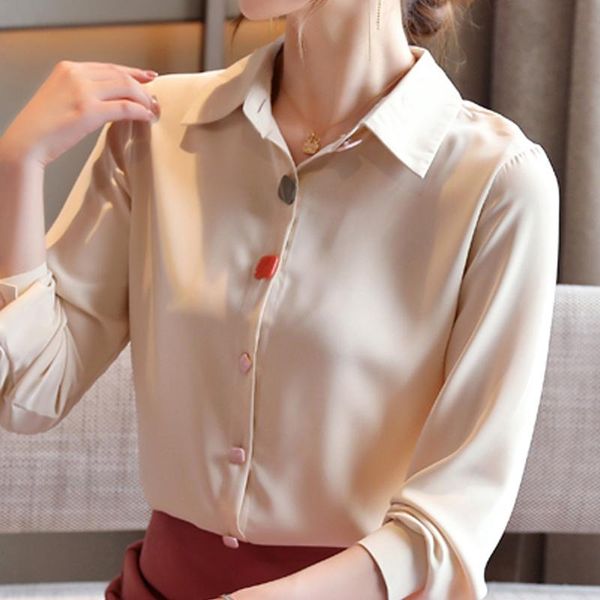 

long sleeve women blouses shirts blouse blusas mujer de moda 2021 turn down collar office chiffon shirt d440 women's &, White