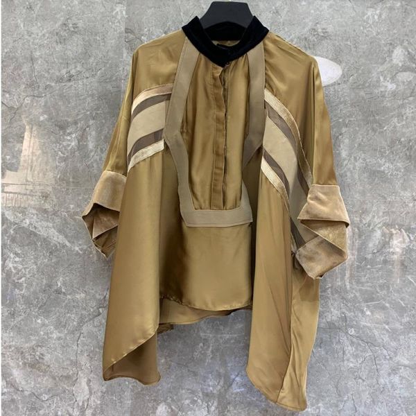 

women's blouses & shirts [ewq] 2021 autumn long sleeve colorblock velvet stand collar irregular hem streetwear plus size womens and, White