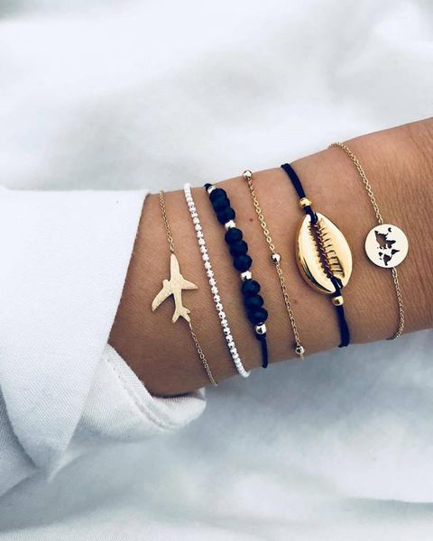 

link, chain bohemian 6 pcs/set airplane map charm bracelets vintage fashion black beads statement bangles sets for women jewelry