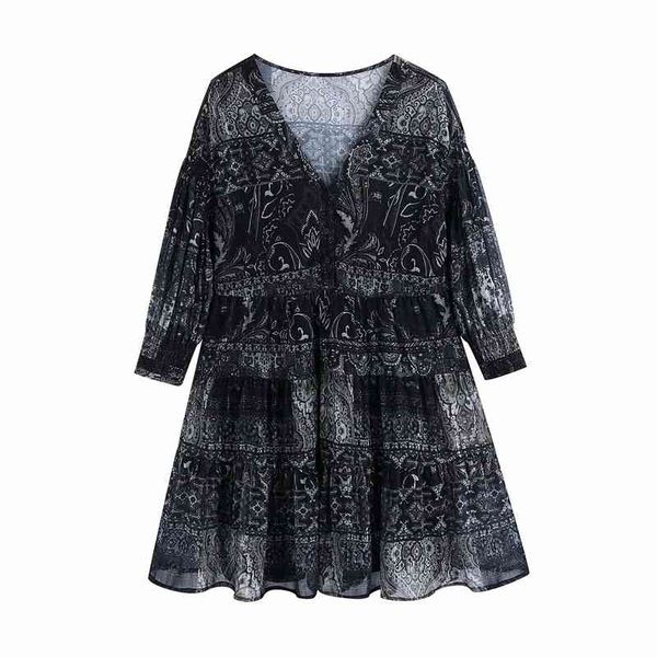 

vintage women boho patchwork print dress fashion ladies v-neck chiffon streetwear female chic button mini es 210427, Black;gray