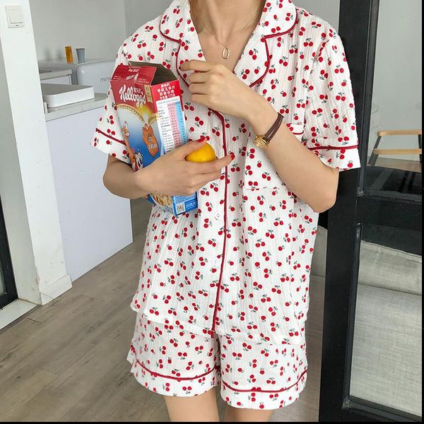 

pajamas home pijama mujer women sleepwear two piece suit summer trousers suits sweet loose print cotton polyester short, Black;red