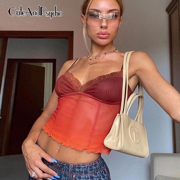 

women's tanks & camis vintage lace y2k women see-through v neck aesthetic crop bodycon sleeveless club soft mesh shirts cuteandpsy, White