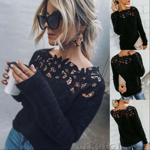 

women sweaters ladies lace long sleeve knitted sweater jumper autumn winter tees casual office wear, White;black