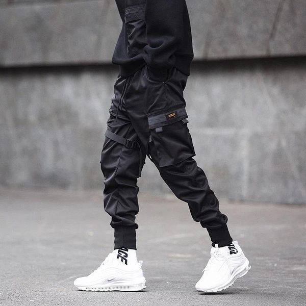 

men's pants 2021 men ribbons streetwear cargo autumn hip hop joggers overalls black fashions baggy pockets trousers