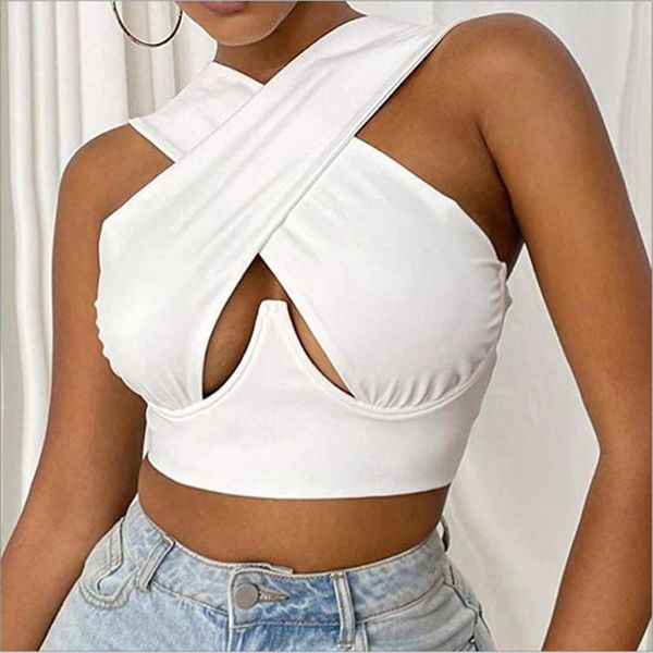 

women's tanks & camis strappy cross over women crop front cut out halter neck vest sleeveless backless bandage summer woman cl, White