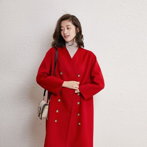 

women's wool & blends winter coat ladies office casual loose handmade double-sided wool pajamas style elegant double breasted w76p, Black