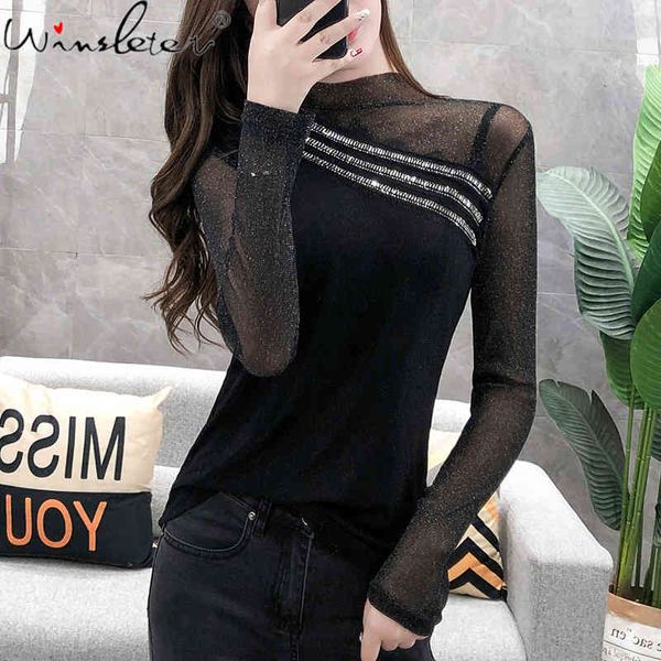 

women's t-shirt spring fall european style shiny beads girls fashion mock neck patchwork mesh women slim tees 2021 t1270, White