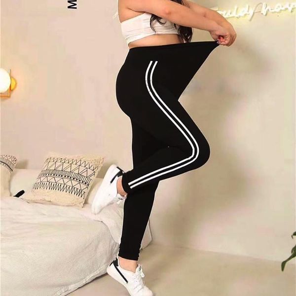 

women's leggings side vertical striped outfit crop active elastic waist skinny pants, Black