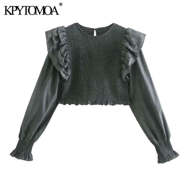 

women sweet fashion with ruffle trims smocked elastic cropped blouses long sleeve female shirts chic 210420, White