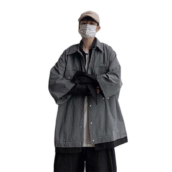 

spring men fake 2 pcs oversized jacket single breasted army green coat fashion casual loose student clothes men's jackets, Black;brown
