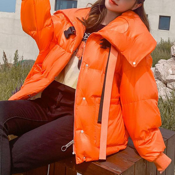 

women streetwear korean parkas winter solid down jacket coat with pockets casual loose thick warm outerwear parka 210414, Black