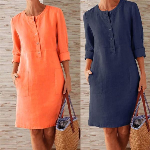 

plus size casual womens dresses long sleeve buttons pockets cotton linen loose knee length, Black;gray