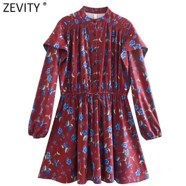 

women vintage o neck floral print ruffles mini dress female chic elastic waist casual slim a line vestido ds5061 210416, Black;gray