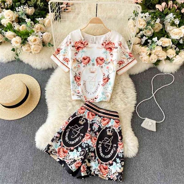 

summer shorts suits runway design vintage printed pattern tshirt + high waist wide leg ladies fashion 2 piece sets 210602, White