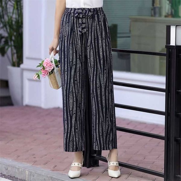 

summer wide leg pants women vintage korean casual print bohemian ankle-length high waist trousers with sashes 211115, Black;white