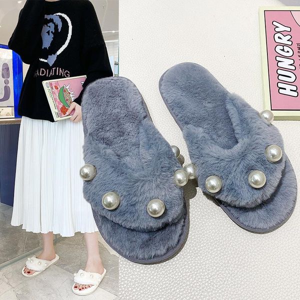 

slippers 2021 designer pearl flip flops plush for home wear open-toed fashionable and comfortable cotton, Black