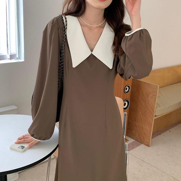 

casual dresses superaen french turn down collar strapping slim puff sleeve solid a-line dress for women, Black;gray