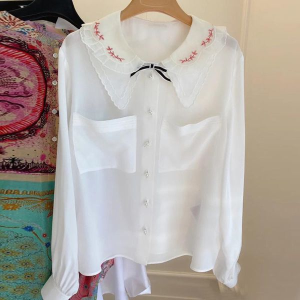

women's blouses & shirts miu family white shirt lace embroidery baby collar chiffon pearl button celebrity female yb spring and summer