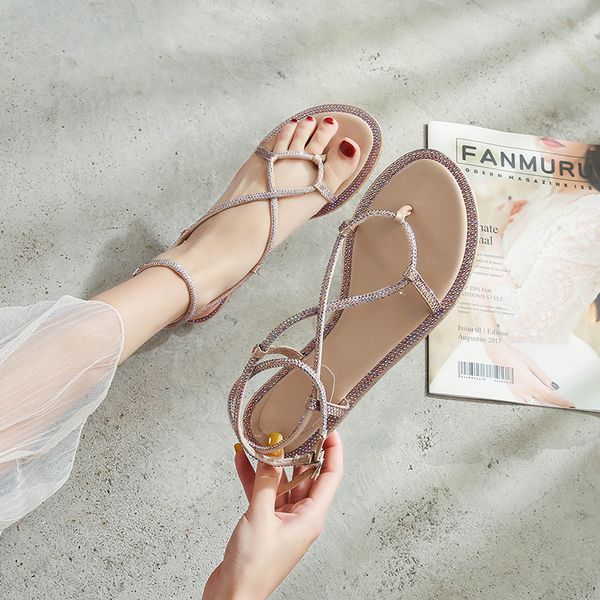 

flat bottom rhinestone sandals womens new 2021 summer serpentine twining roman cleats breathable wear-resistant deodorant, Black