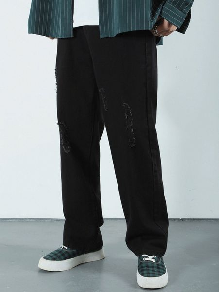 

men ripped straight leg jeans x5da#, Blue